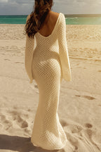 Knitted Hollow Out Long Sleeve Beach Cover Up Dress