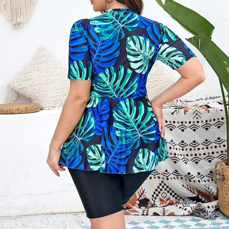 Plus Size Tropical Leaf Tankini Set High Waist Swimwear