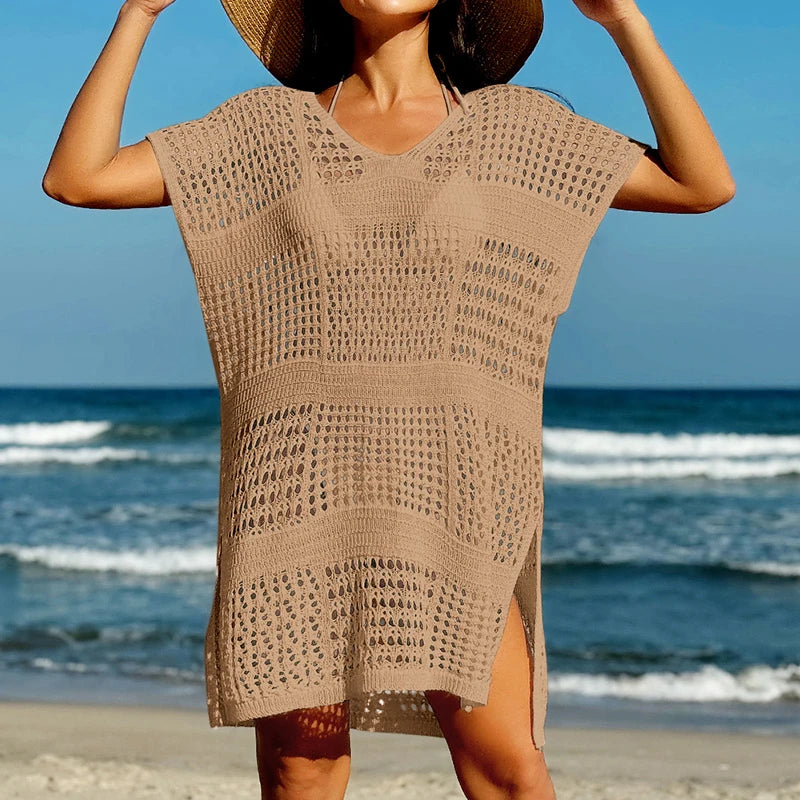 Hollow Out V Neck Knitted Beach Cover Up