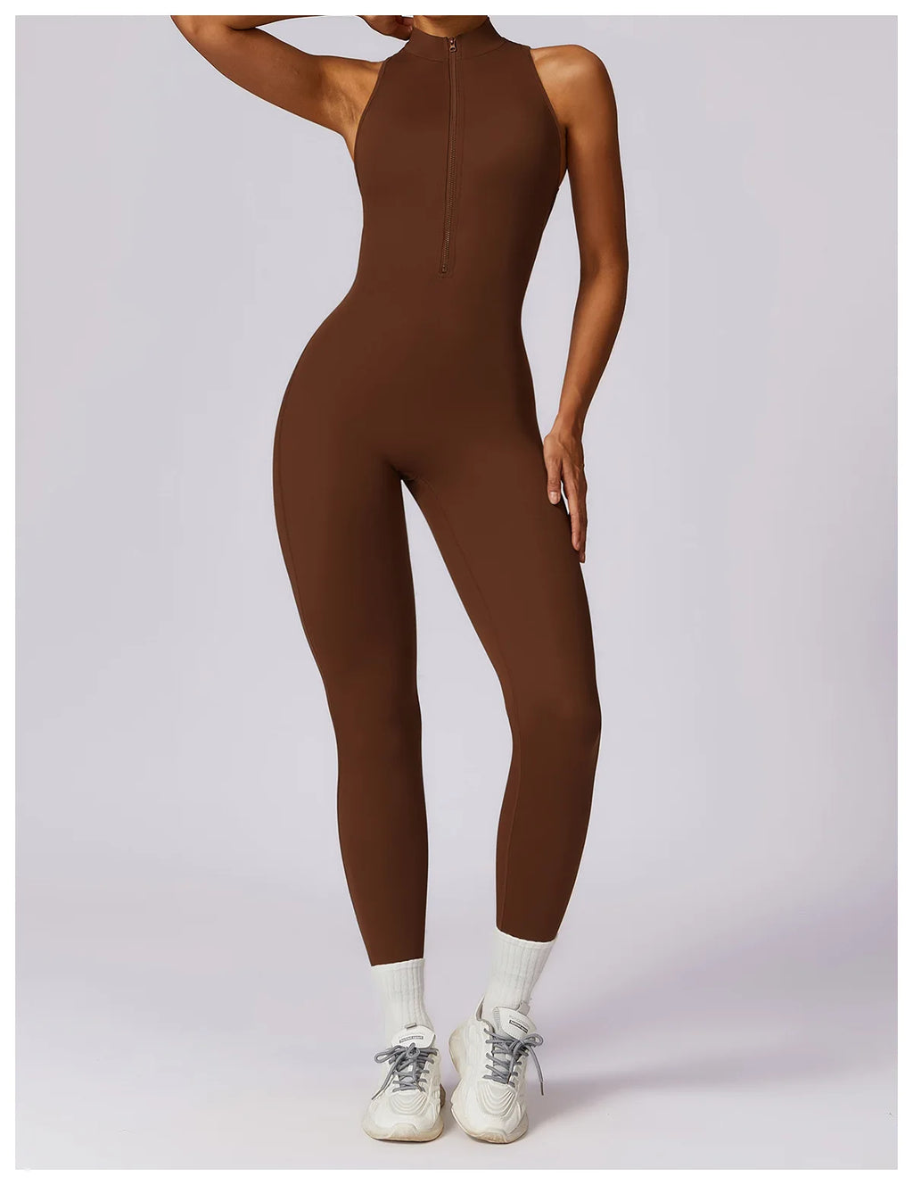 One-Piece Activewear Jumpsuit - V-Back Zip Front with Sculpting Fit