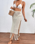 Knitted Tassel Sarong Skirt High Slit Cover Up