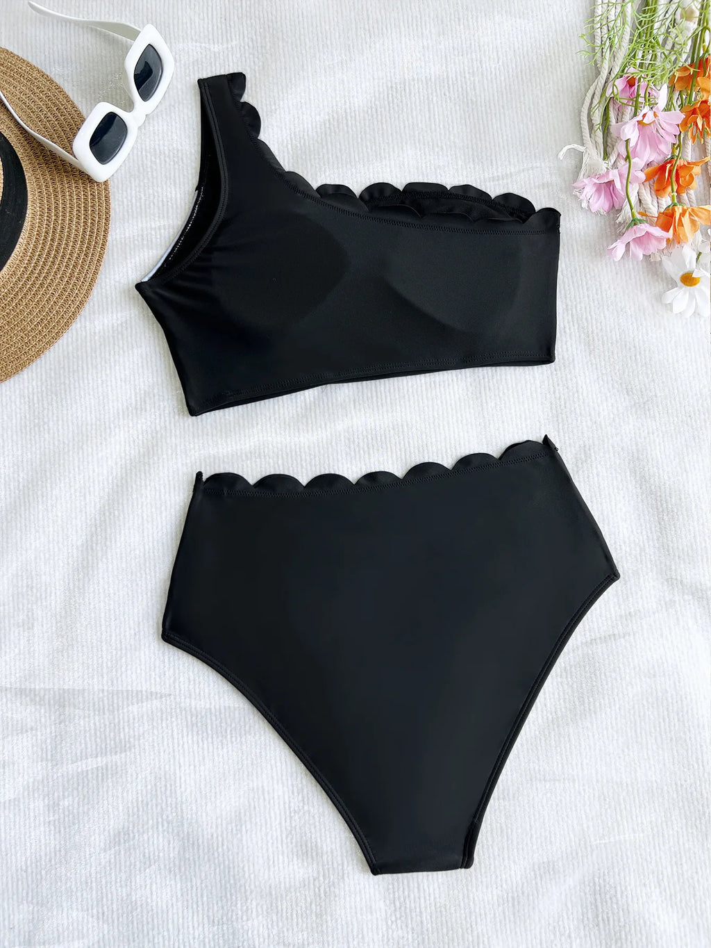Scalloped One Shoulder High Waist Bikini Set Black White Swimwear