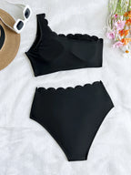 Scalloped One Shoulder High Waist Bikini Set Black White Swimwear
