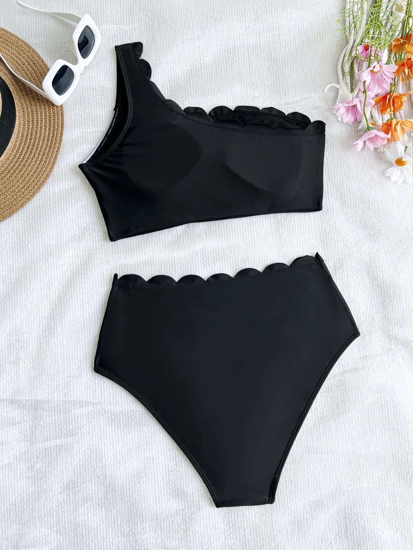 Scalloped One Shoulder High Waist Bikini Set Black White Swimwear