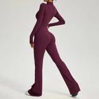 Long Sleeve Zip Front Jumpsuit Women High Neck Flare Leg Stretch Catsuit