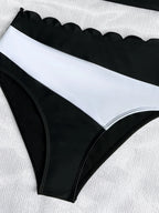 Scalloped One Shoulder High Waist Bikini Set Black White Swimwear