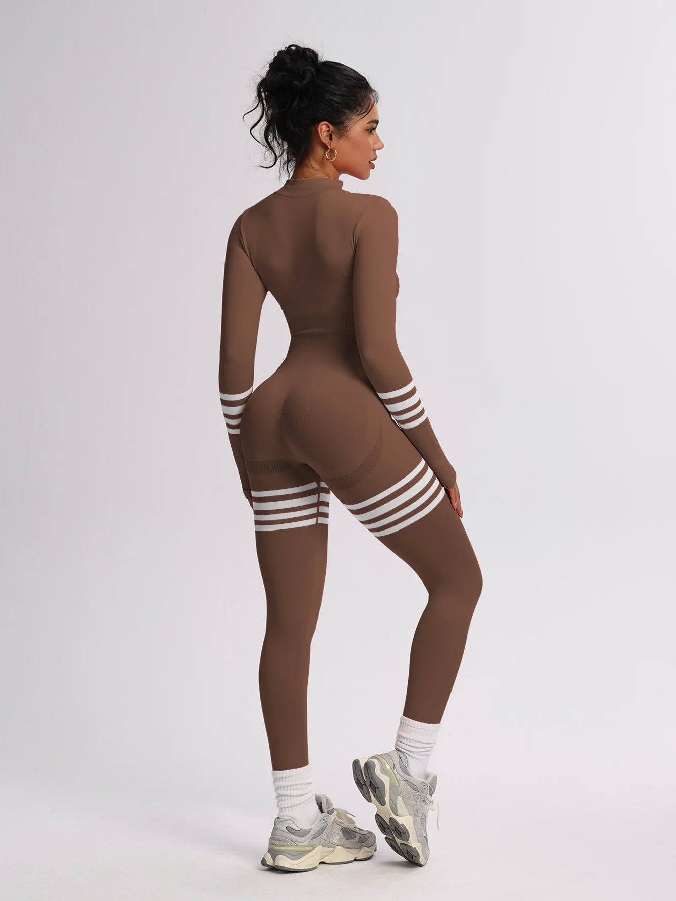 Long Sleeve Jumpsuit Zip Front Stripe Catsuit