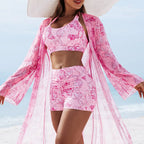 Three Piece Tankini Set Kimono Cover Up Swimwear