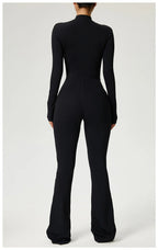 Long Sleeve Zip Front Jumpsuit Women High Neck Flare Leg Stretch Catsuit