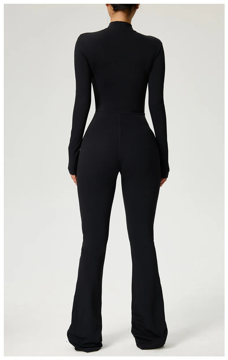 Long Sleeve Zip Front Jumpsuit Women High Neck Flare Leg Stretch Catsuit