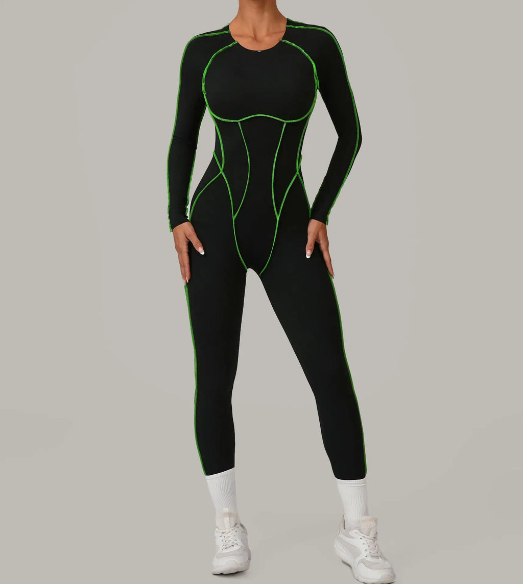 Long Sleeve Backless Jumpsuit Women Hollow Out Contrast Trim Sculpting Catsuit
