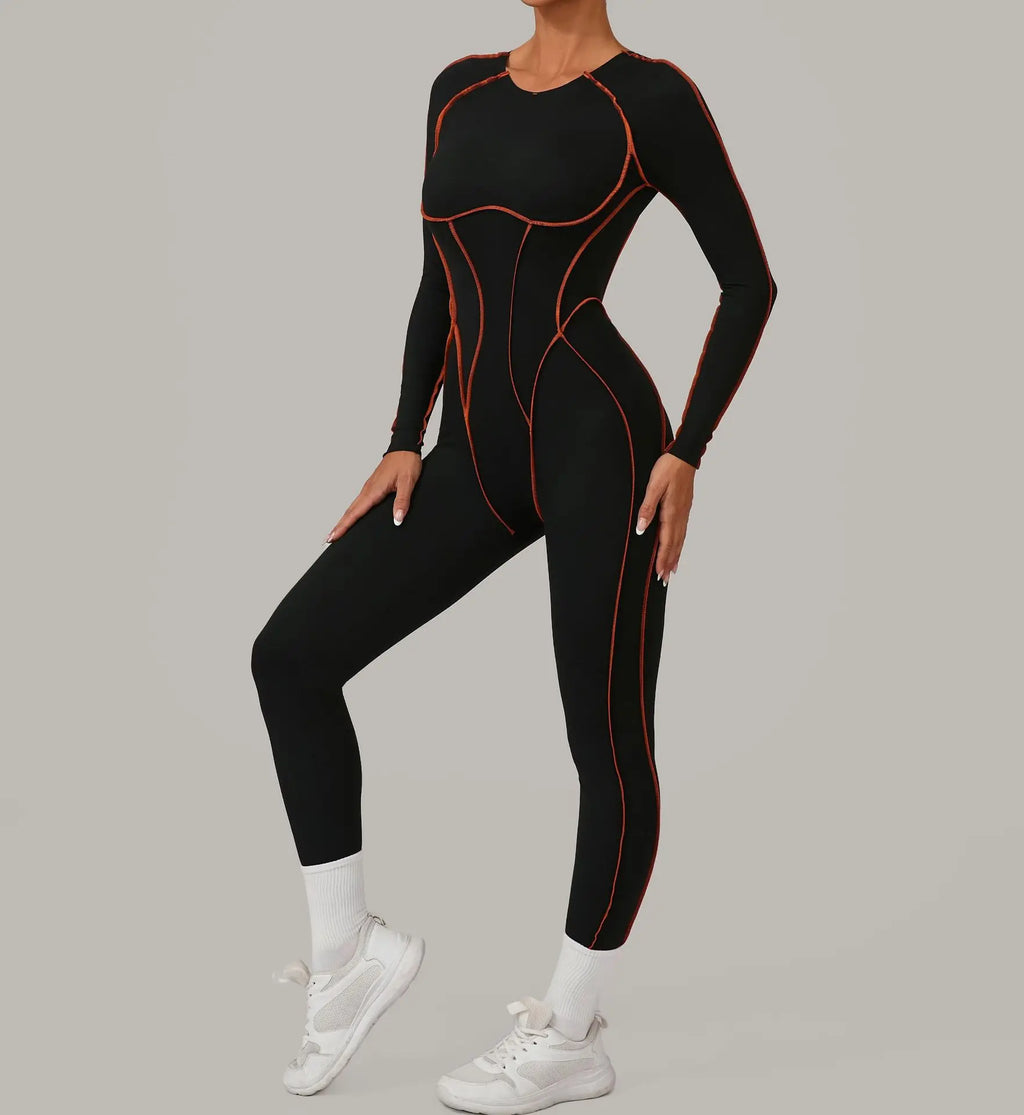 Long Sleeve Backless Jumpsuit Women Hollow Out Contrast Trim Sculpting Catsuit