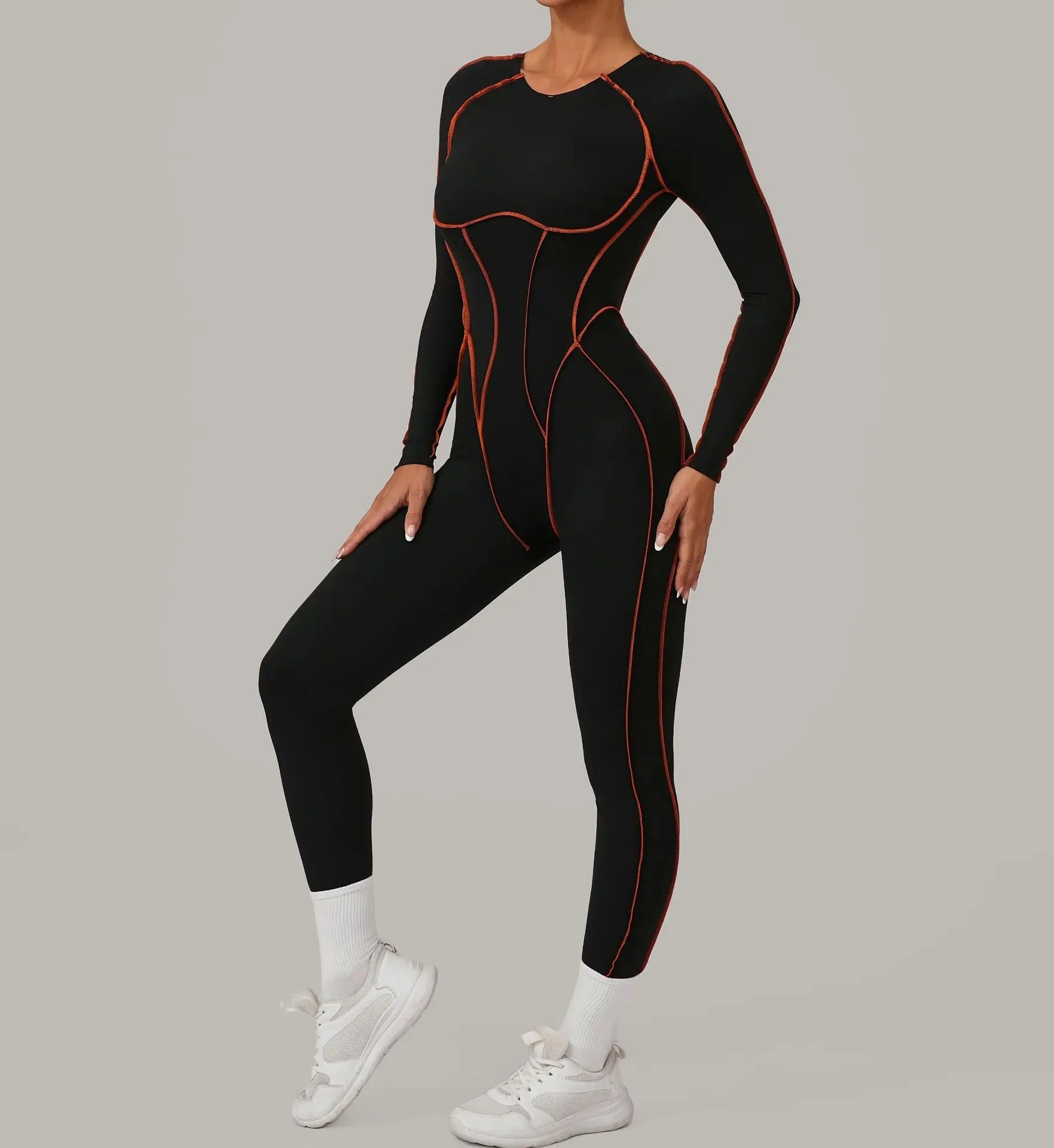 Long Sleeve Backless Jumpsuit Women Hollow Out Contrast Trim Sculpting Catsuit