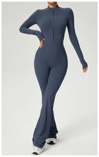 Long Sleeve Zip Front Jumpsuit Women High Neck Flare Leg Stretch Catsuit