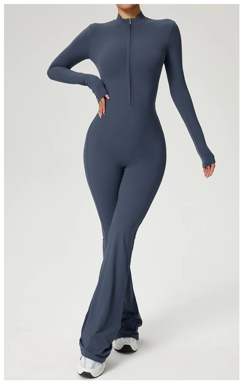 Long Sleeve Zip Front Jumpsuit Women High Neck Flare Leg Stretch Catsuit