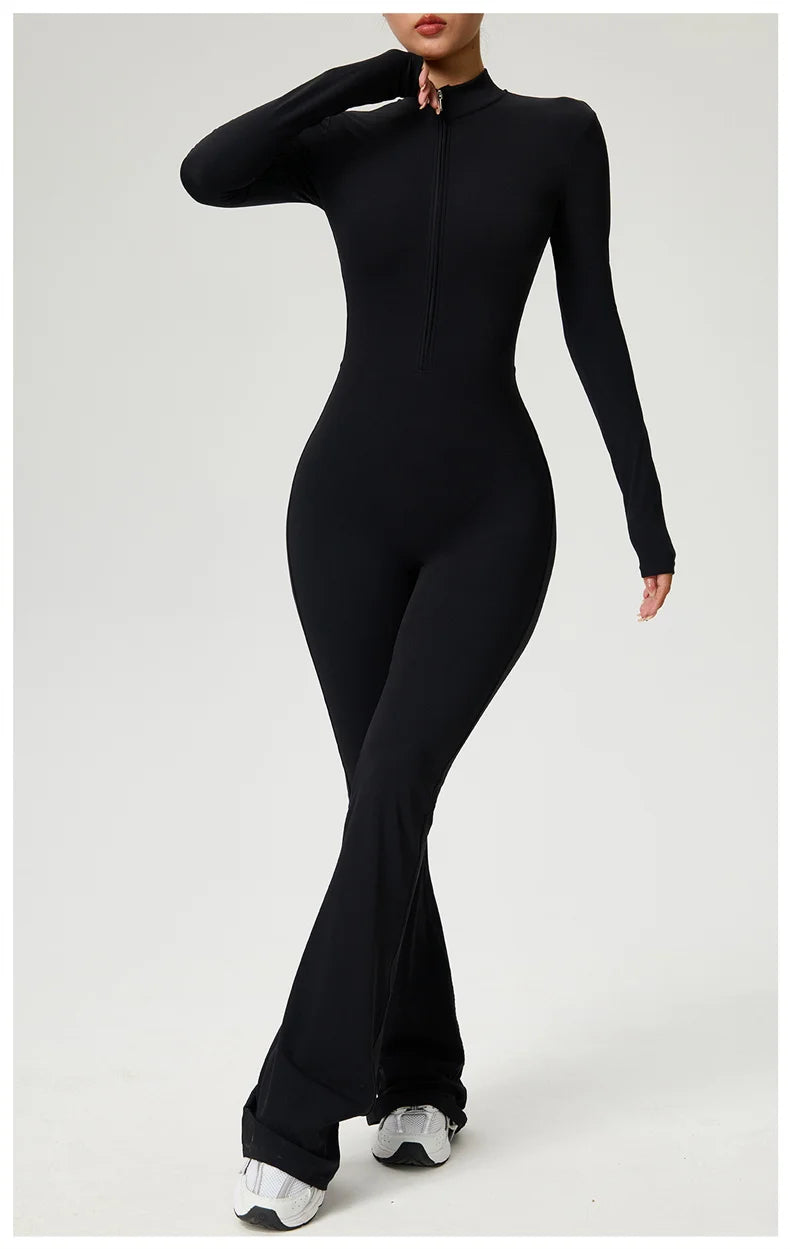 Long Sleeve Zip Front Jumpsuit Women High Neck Flare Leg Stretch Catsuit