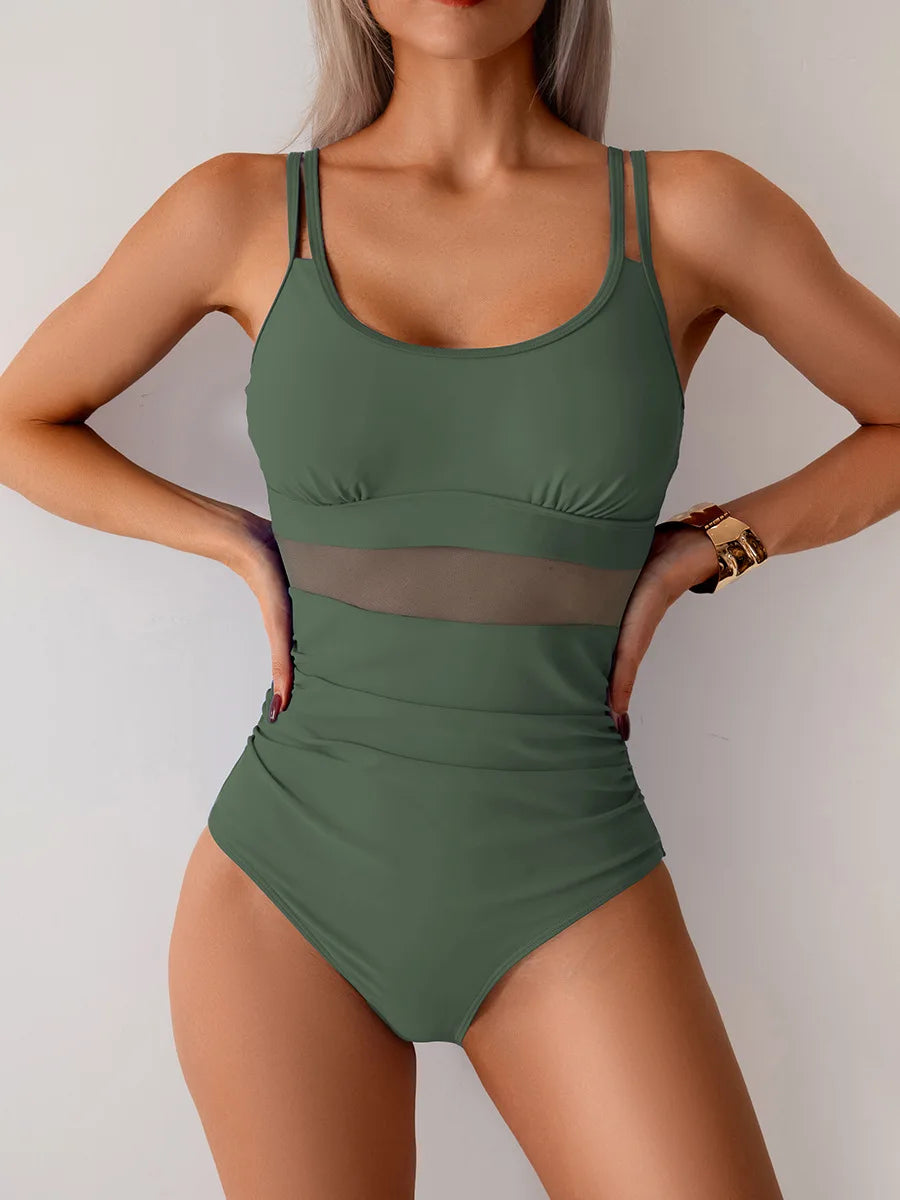 Mesh Insert One Piece Swimsuit Adjustable Strap Monokini
