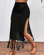 Knitted Tassel Sarong Skirt High Slit Cover Up