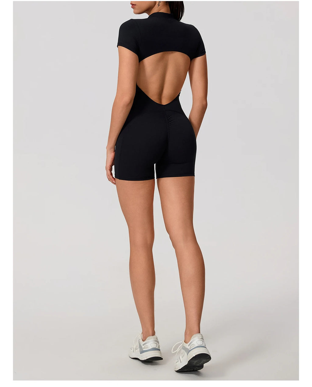 Short Sleeve Backless Yoga Jumpsuit Women Zip Front Fitness Romper