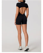 Short Sleeve Backless Yoga Jumpsuit Women Zip Front Fitness Romper