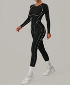 Long Sleeve Backless Jumpsuit Women Hollow Out Contrast Trim Sculpting Catsuit