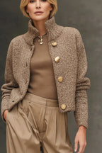 Casaco Cardigan de Tricô com Gola Alta e Botões Dourados