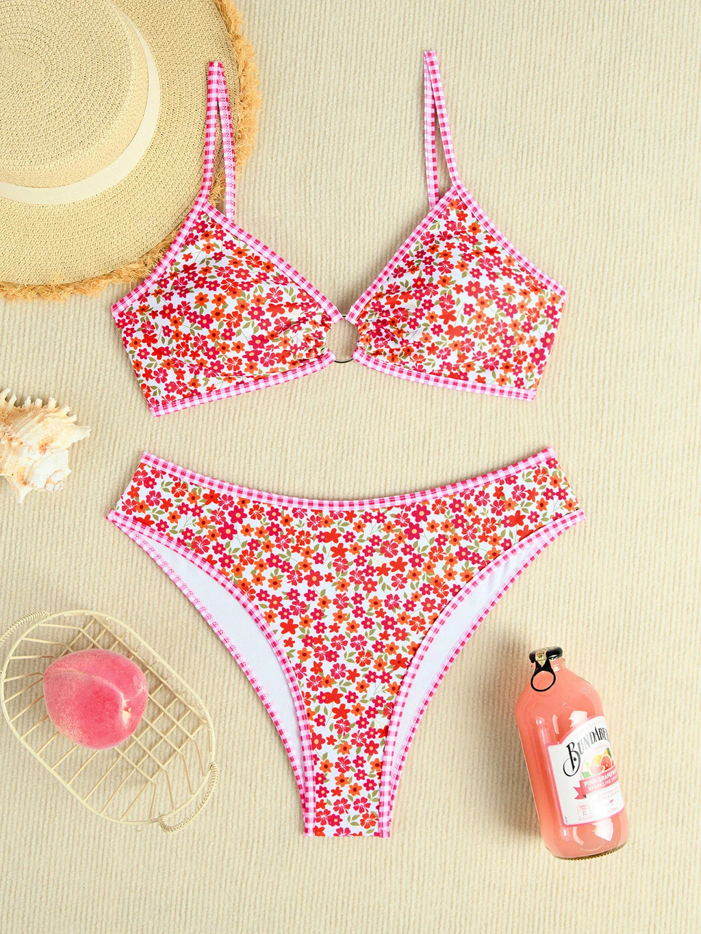Floral Ring Detail High Waist Bikini Set Swimwear