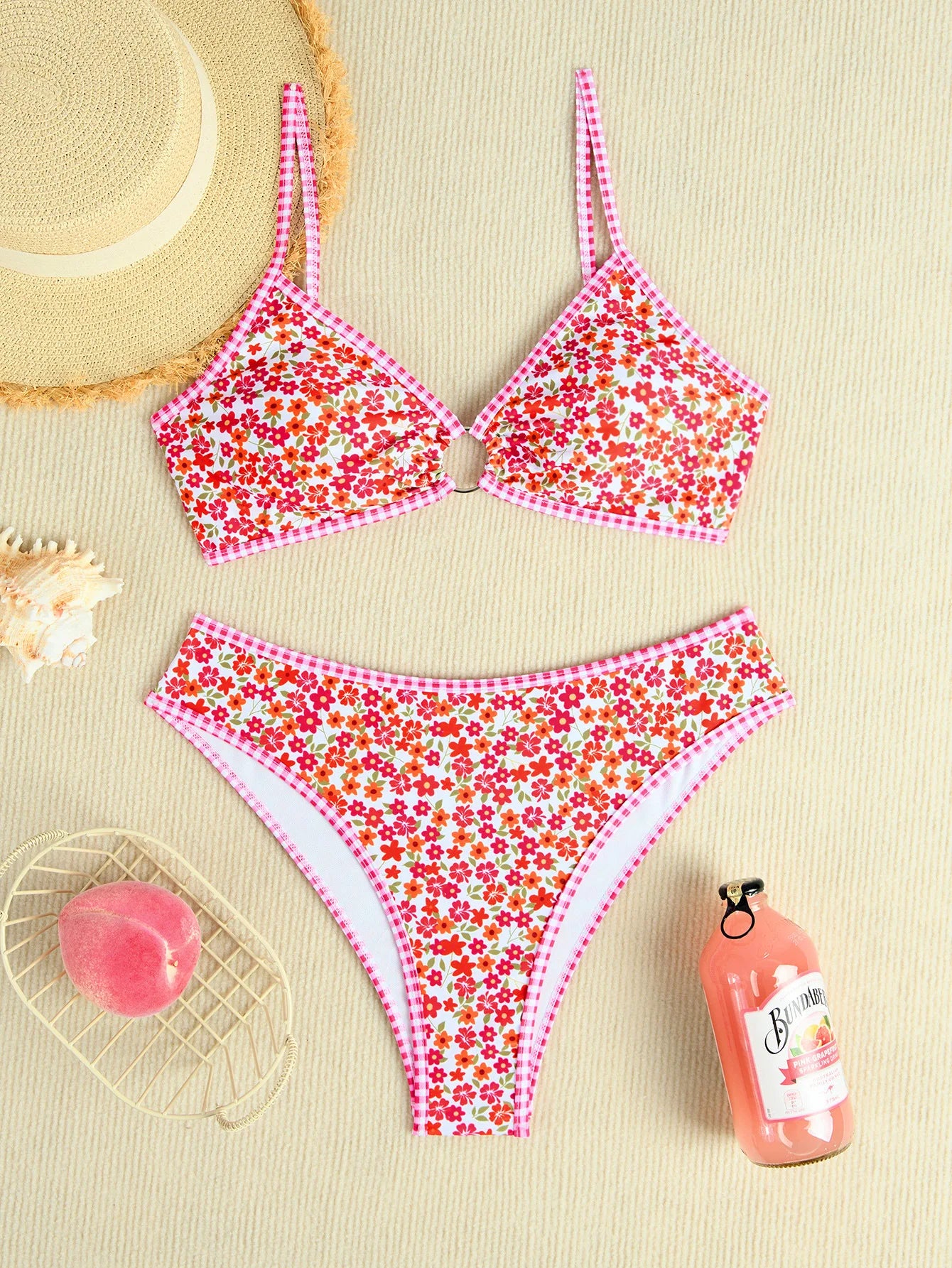 Floral Ring Detail High Waist Bikini Set Swimwear