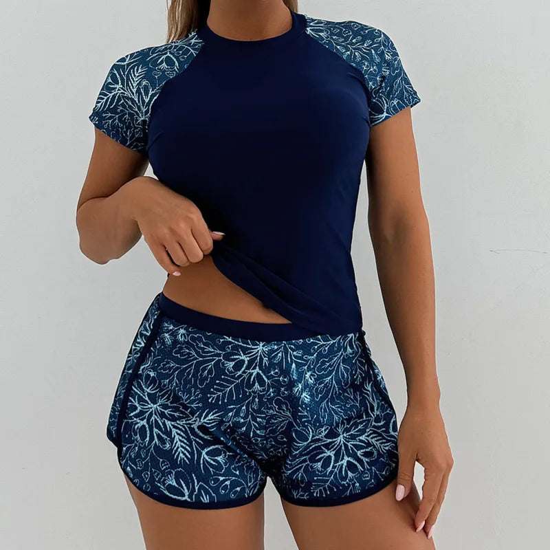 Short Sleeve Raglan Tankini Set Boyshorts Swimwear
