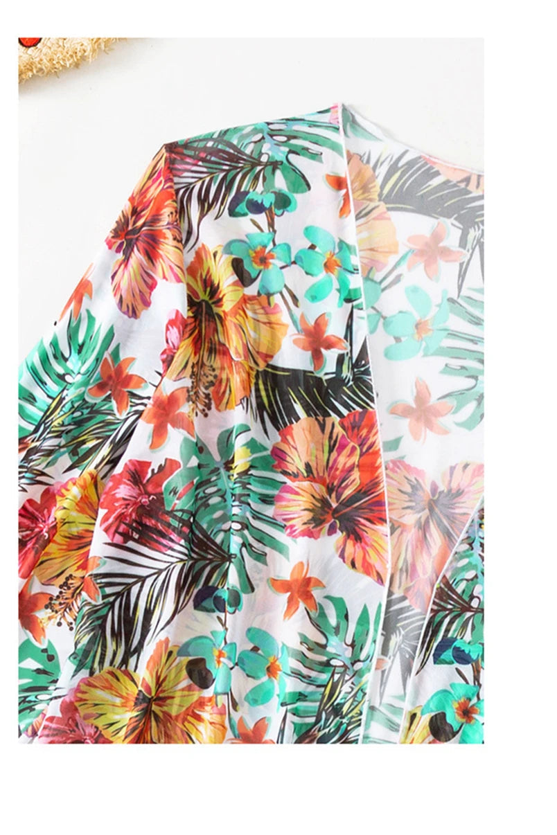 Floral High Waist Bikini Set With Mesh Cover Up Swimwear
