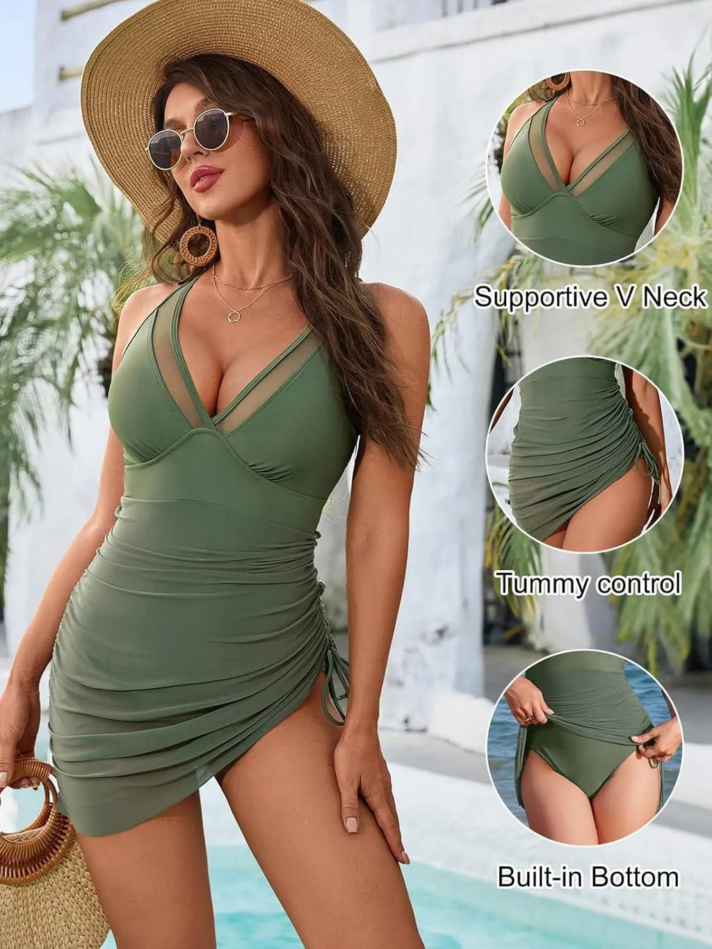 Mesh Ruched One Piece Swimsuit Adjustable Strap Monokini