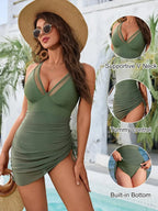 Mesh Ruched One Piece Swimsuit Adjustable Strap Monokini