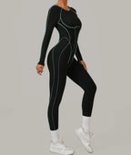 Long Sleeve Backless Jumpsuit Women Hollow Out Contrast Trim Sculpting Catsuit