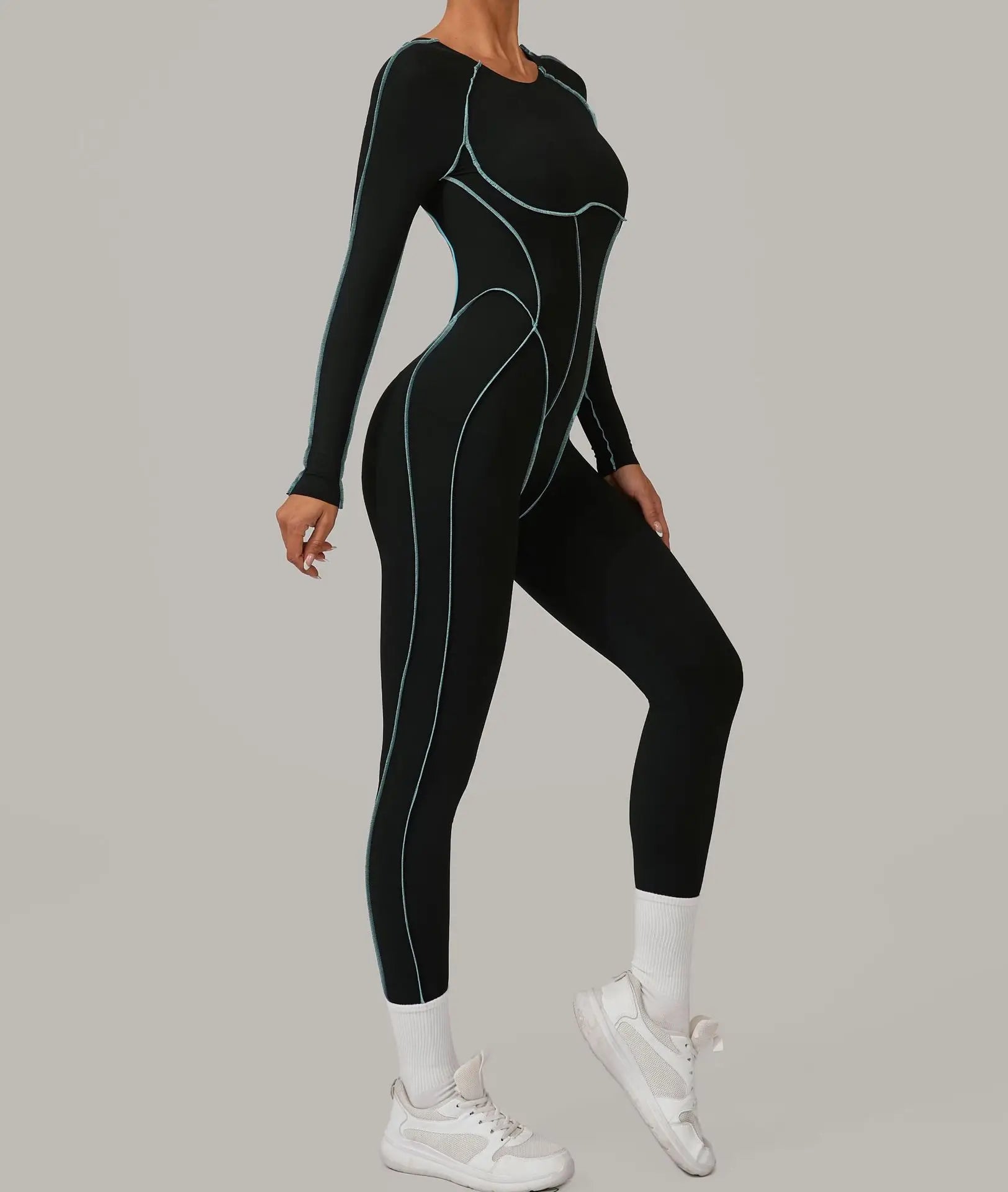 Long Sleeve Backless Jumpsuit Women Hollow Out Contrast Trim Sculpting Catsuit