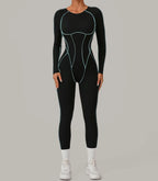 Long Sleeve Backless Jumpsuit Women Hollow Out Contrast Trim Sculpting Catsuit