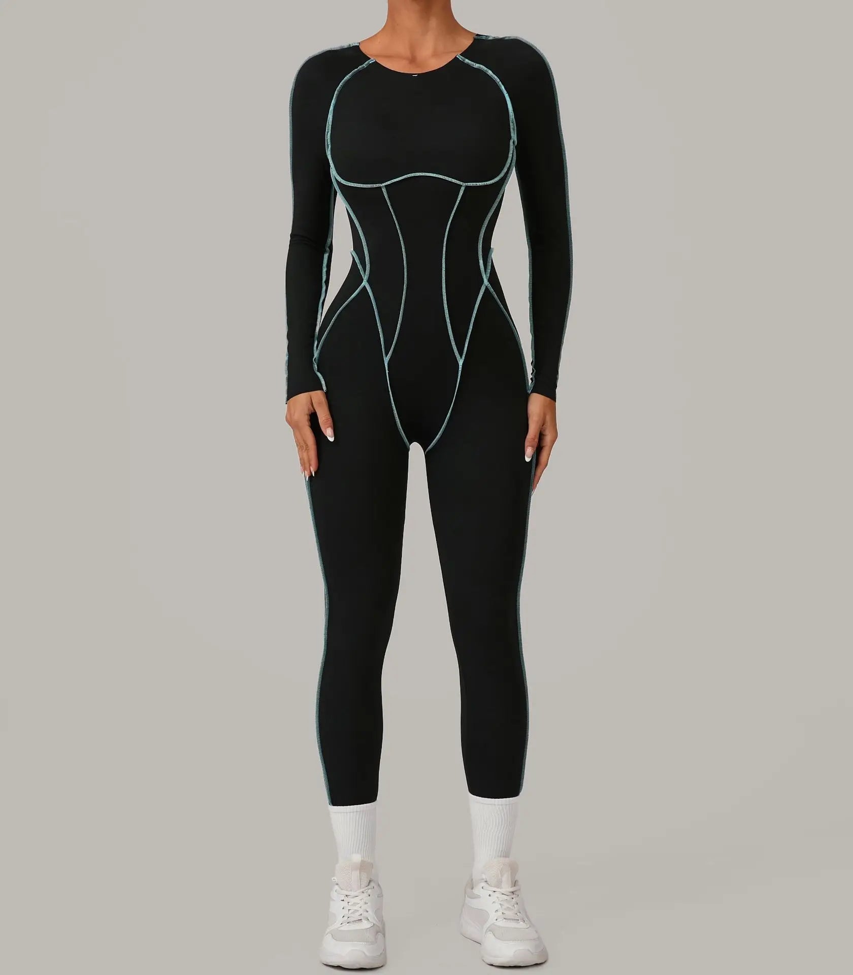 Long Sleeve Backless Jumpsuit Women Hollow Out Contrast Trim Sculpting Catsuit