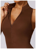 One-Piece Activewear Jumpsuit - V-Back Zip Front with Sculpting Fit