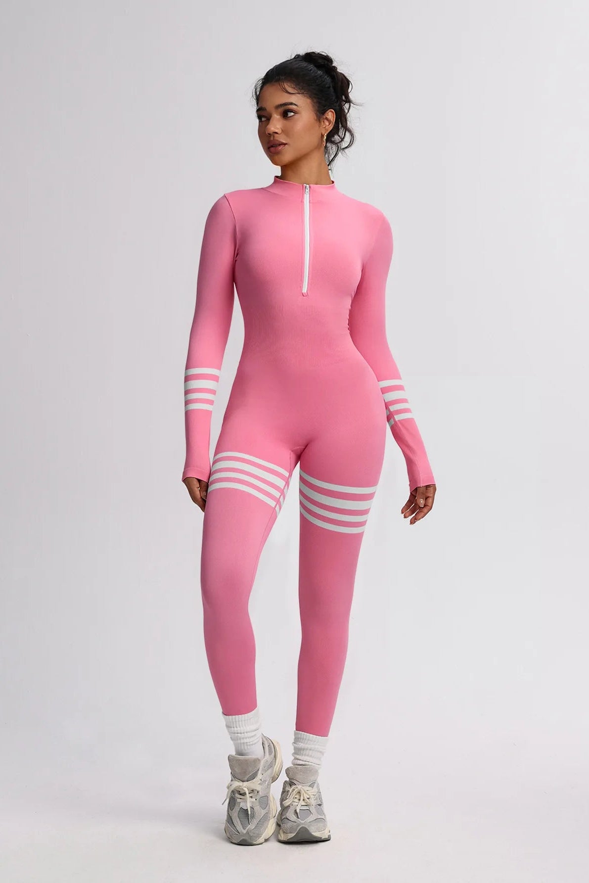 Long Sleeve Jumpsuit Zip Front Stripe Catsuit