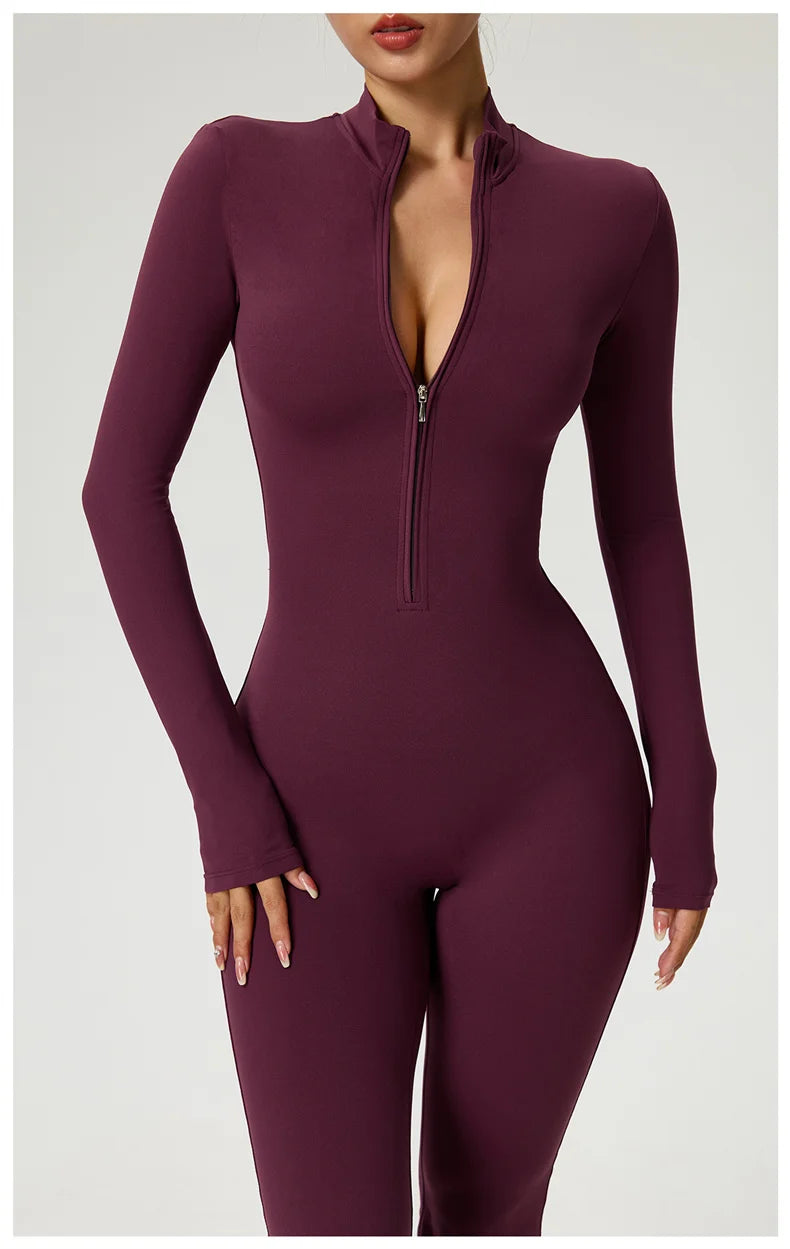 Long Sleeve Zip Front Jumpsuit Women High Neck Flare Leg Stretch Catsuit