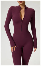 Long Sleeve Zip Front Jumpsuit Women High Neck Flare Leg Stretch Catsuit
