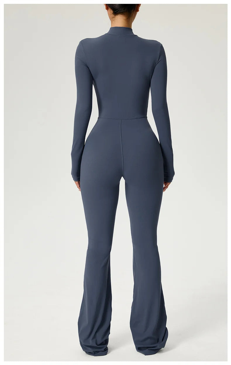 Long Sleeve Zip Front Jumpsuit Women High Neck Flare Leg Stretch Catsuit