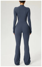 Long Sleeve Zip Front Jumpsuit Women High Neck Flare Leg Stretch Catsuit