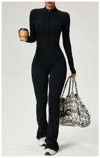 Long Sleeve Zip Front Jumpsuit Women High Neck Flare Leg Stretch Catsuit