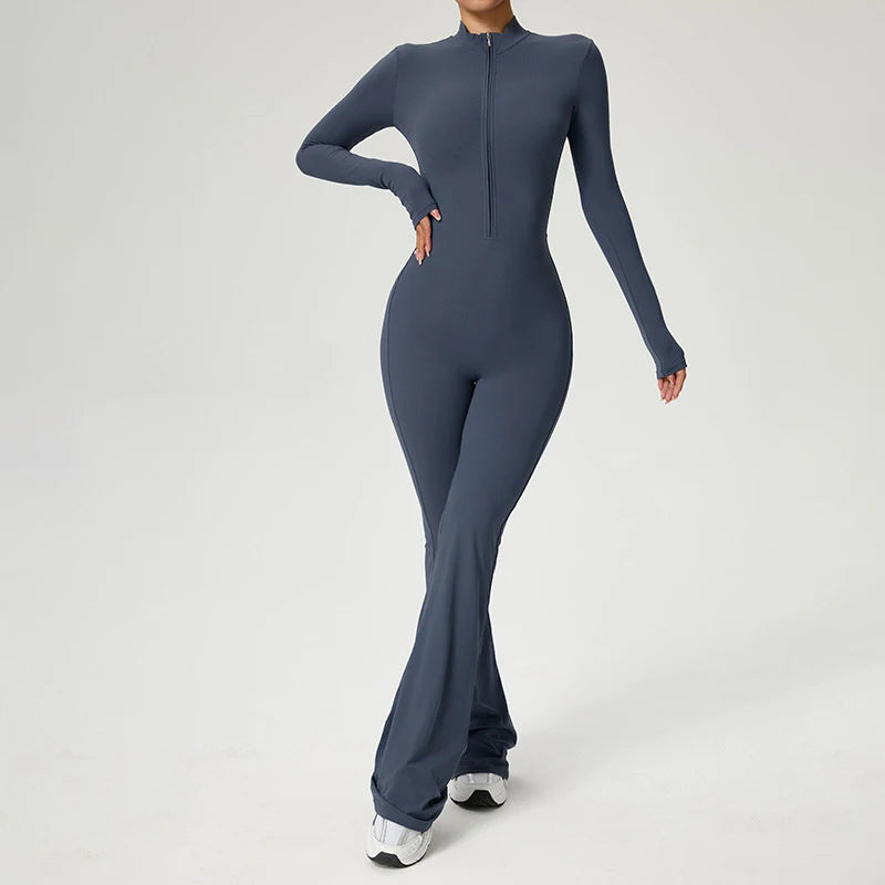 Long Sleeve Zip Front Jumpsuit Women High Neck Flare Leg Stretch Catsuit