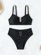 Gold Buckle High Waist U Cut Bikini Set Swimwear