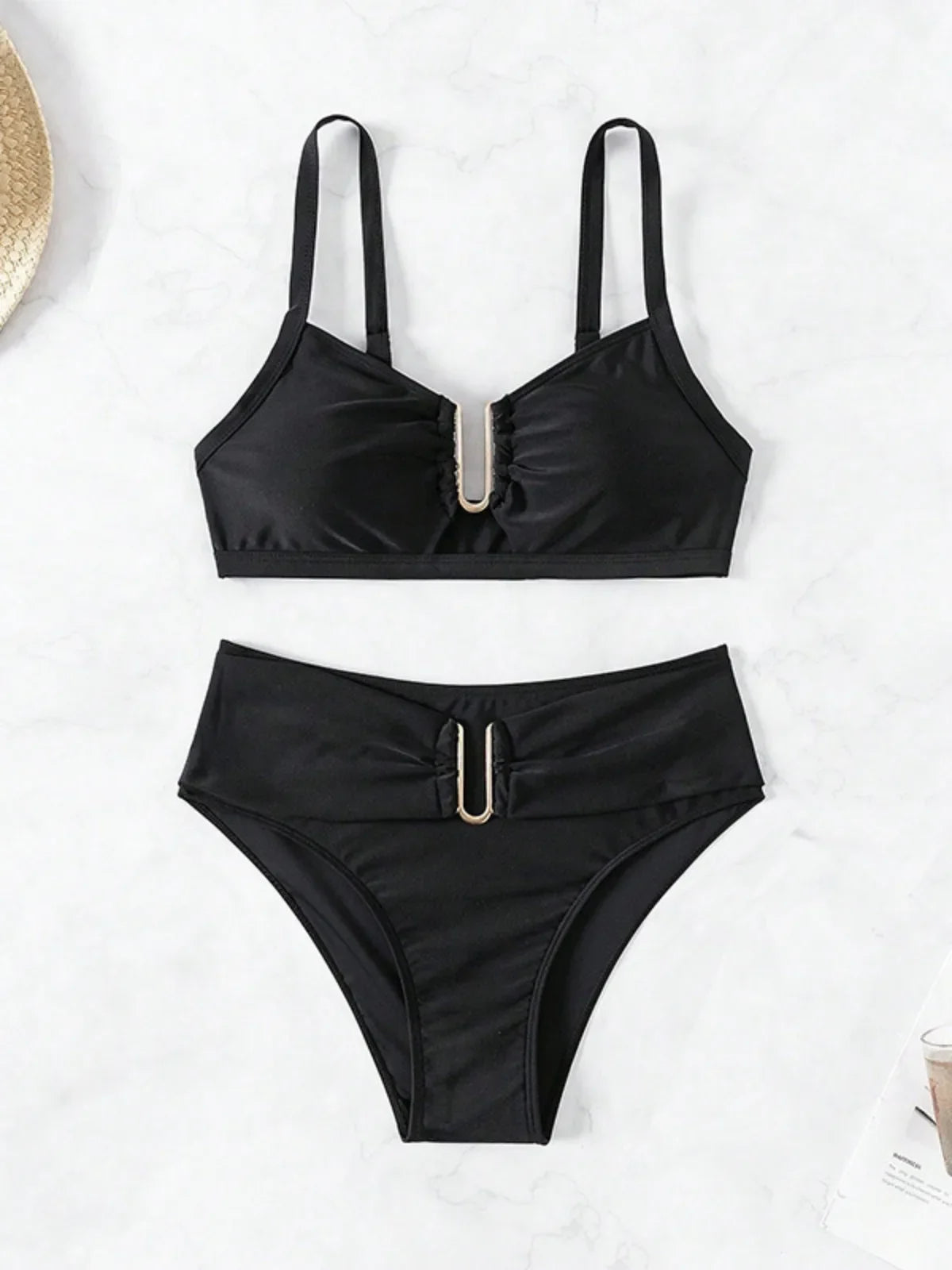 Gold Buckle High Waist U Cut Bikini Set Swimwear