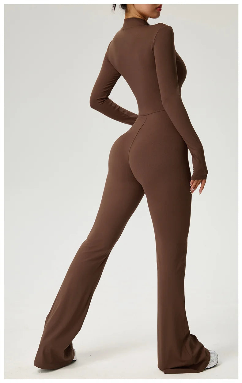 Long Sleeve Zip Front Jumpsuit Women High Neck Flare Leg Stretch Catsuit