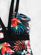 Floral Print Ruched One Piece Swimsuit Cross Back Monokini