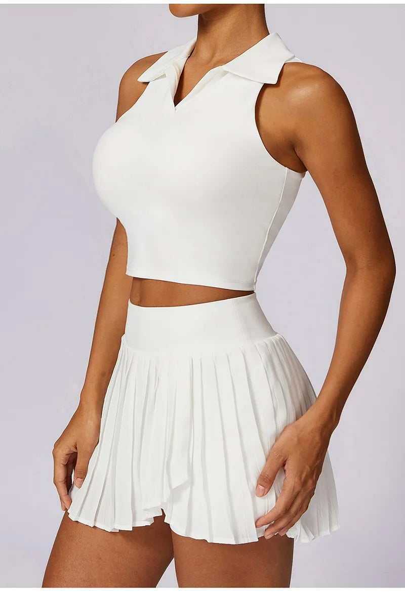Tennis Skirt Set High Waist Pleated Polo Crop