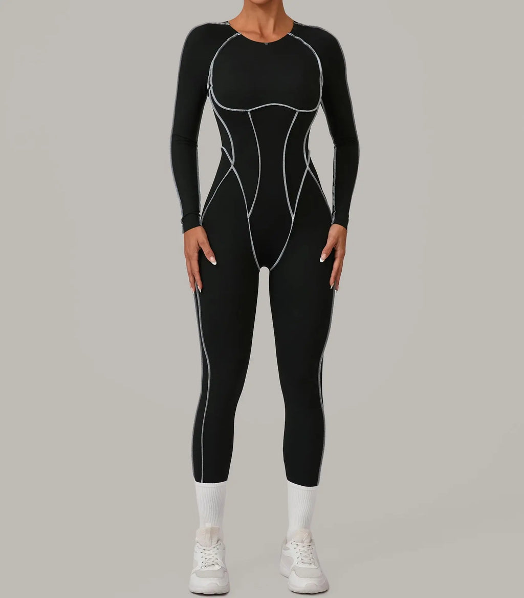 Long Sleeve Backless Jumpsuit Women Hollow Out Contrast Trim Sculpting Catsuit